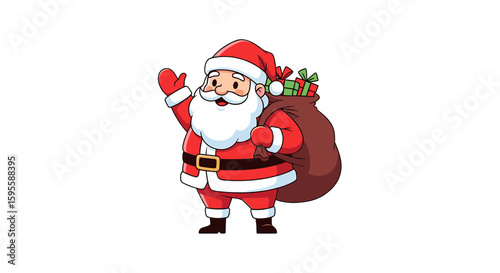 Santa claus waving with a bag full of gifts on a white background day