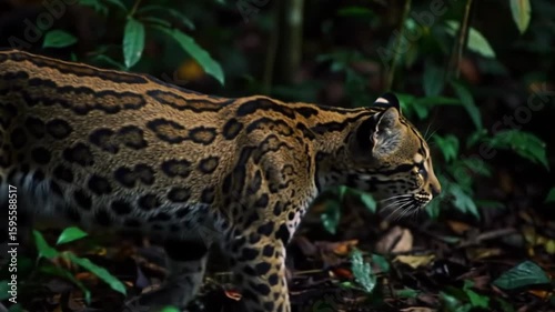 wild leopard walking slowly in green forest area