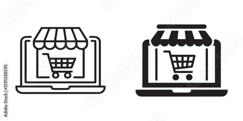 Shopping cart icon on monitor in black and white bold computer interface concept of digital retail e commerce platforms online marketplaces outline and silhouette