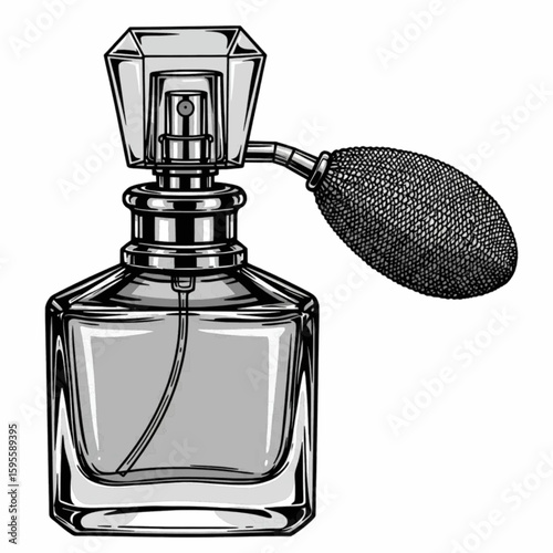 Vintage perfume bottle with atomizer – detailed SVG line art illustration for cosmetic packaging, beauty branding and product design