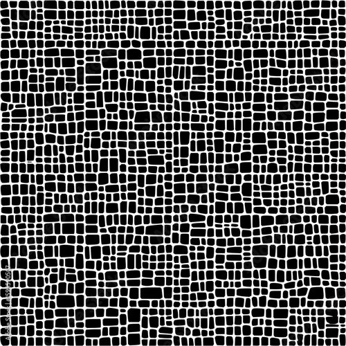 Black and white seamless pattern featuring irregular rectangles in a dense and chaotic arrangement style