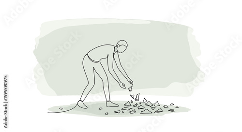 Gestalt psychology  - figure collecting broken shards symbolizing healing and integration of self, abstract one line doodle watercolor vector illustration

