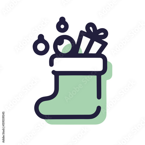 Minimalistic Santa's boot icon with gift tags and ornaments on a white background, holiday concept of Christmas decorations and gifting.