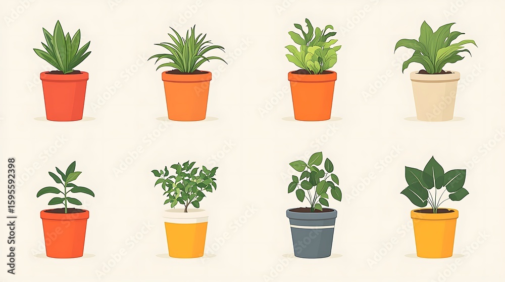 Fototapeta premium Various houseplants in pots, displayed in a grid.