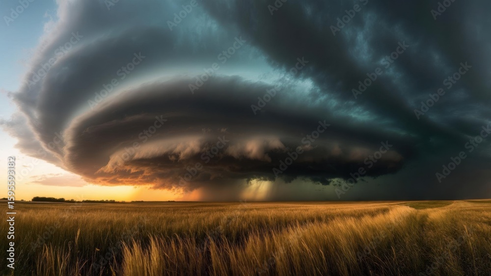 Obraz premium Stunning Digital Rendering of a Storm Cloud Over a Golden Field at Sunset, Highlighting Dynamic Weather
