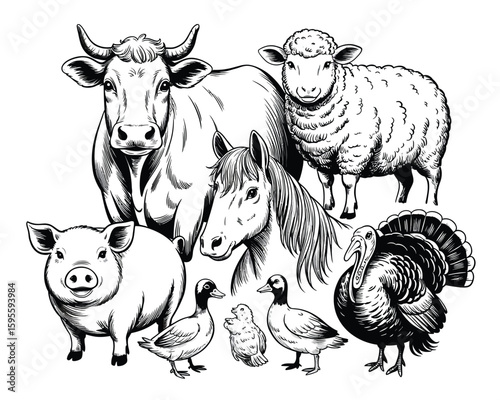 Farm animals cartoon vector set with cow sheep goat and other cute livestock