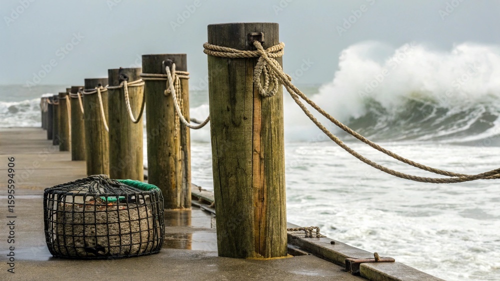 Fototapeta premium Powerful ocean waves crash against a sturdy wooden pier lined with robust bollards connected by thick rope, creating a dramatic and dynamic coastal scene