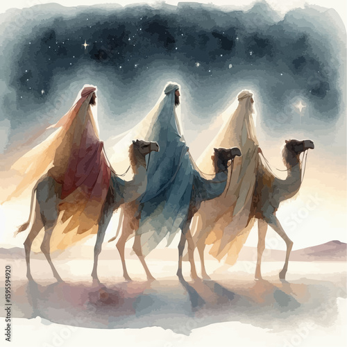The three wise men as they follow the star of Jesus Christ 
