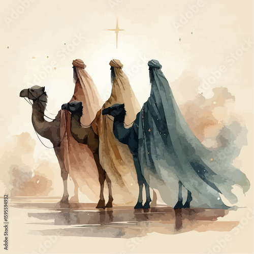 The three wise men as they follow the star of Jesus Christ 