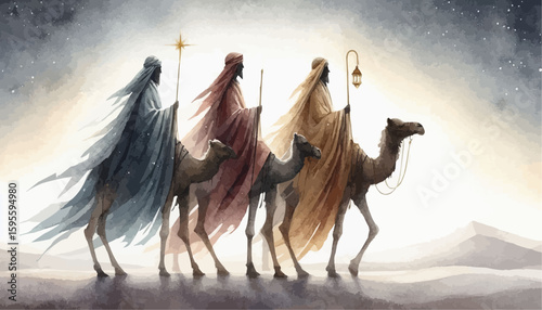 The three wise men as they follow the star of Jesus Christ 