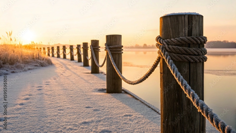 Obraz premium A serene winter sunrise casts a golden glow over a snow-dusted boardwalk leading alongside a tranquil, partially frozen lake