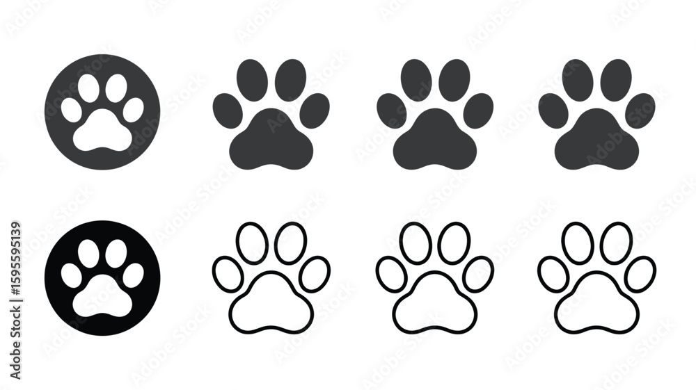 Fototapeta premium Set of black cat and dog paw print icons, a cute animal illustration with heart symbols for pet love design