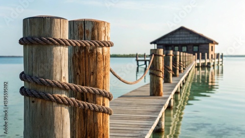 Picturesque wooden boardwalk leading across serene marshland or a calm lake, towards a charming rustic house on stilts, perfect for themes of nature retreats and tranquil escapes.

