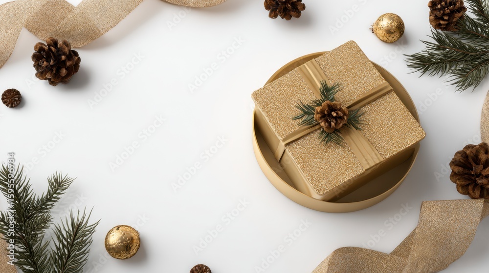 Obraz premium Gold Gift Box with Pine Cones and Ribbon
