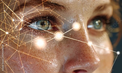 Close up of a woman's face with digital lines and dots connecting near her eye and nose area