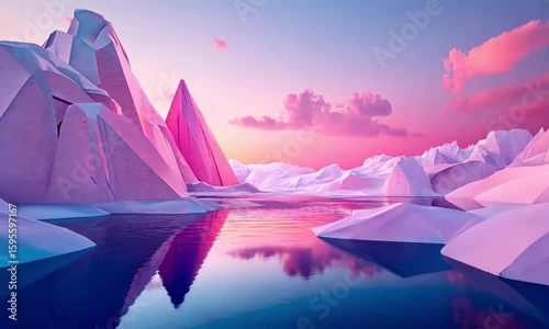 Pink and white polygonal mountains reflecting in calm blue water at sunset with pink clouds