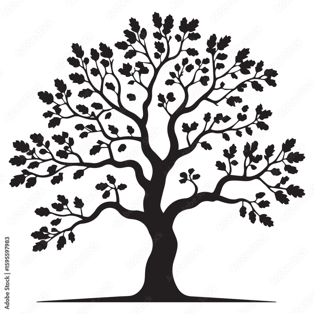 Obraz premium A detailed silhouette of a large oak tree with abundant leaves, symbolizing nature, growth, and the changing seasons