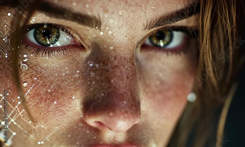 Close up of a woman's face with green eyes and freckles covered in digital effects and glitter
