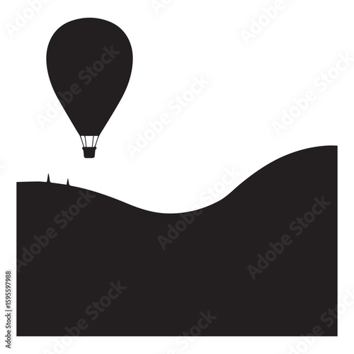 A hot air balloon drifts serenely over rolling hills, its silhouette a gentle contrast against the vast sky, isolated on white background