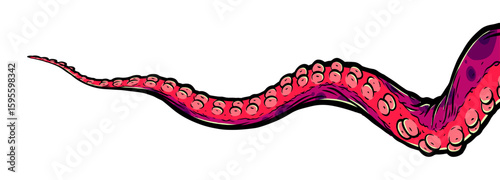 Purple octopus tentacles reaching upwards, squid-like marine animal body parts protruding from out of frame, cut for food or frame design, cartoon colour sketch anime vector illustration. 