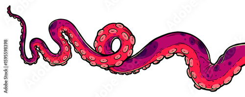 Purple octopus tentacles reaching upwards, squid-like marine animal body parts protruding from out of frame, cut for food or frame design, cartoon colour sketch anime vector illustration. 