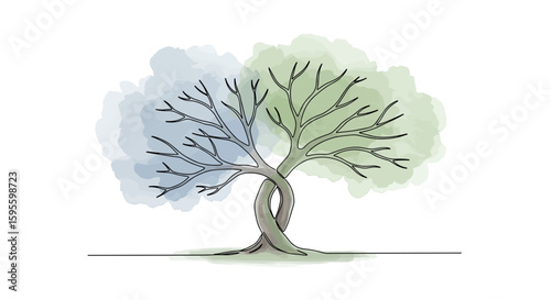 Gestalt psychology -  two intertwined trees symbolizing continuity and connection, abstract one line doodle watercolor vector illustration

