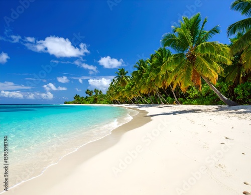 Pristine Tropical Beach with Crystal-Clear Turquoise Water and Palm Trees Under Bright Midday Sunlight