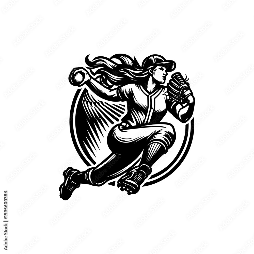 Fototapeta premium Dynamic Female Baseball Player in Action Black and White Illustration.