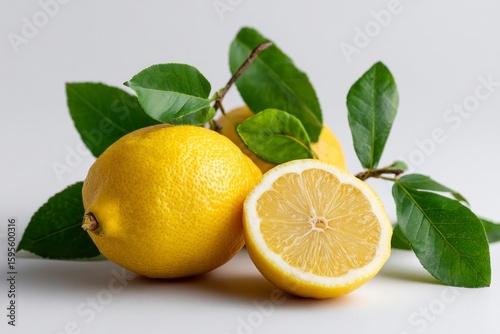 Wallpaper Mural Fresh Lemons with Green Leaves on White Surface Torontodigital.ca