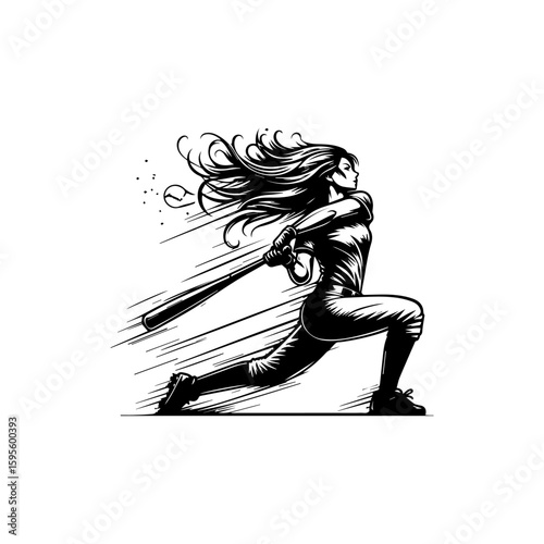 Dynamic monochrome illustration of a female baseball player swinging a bat.