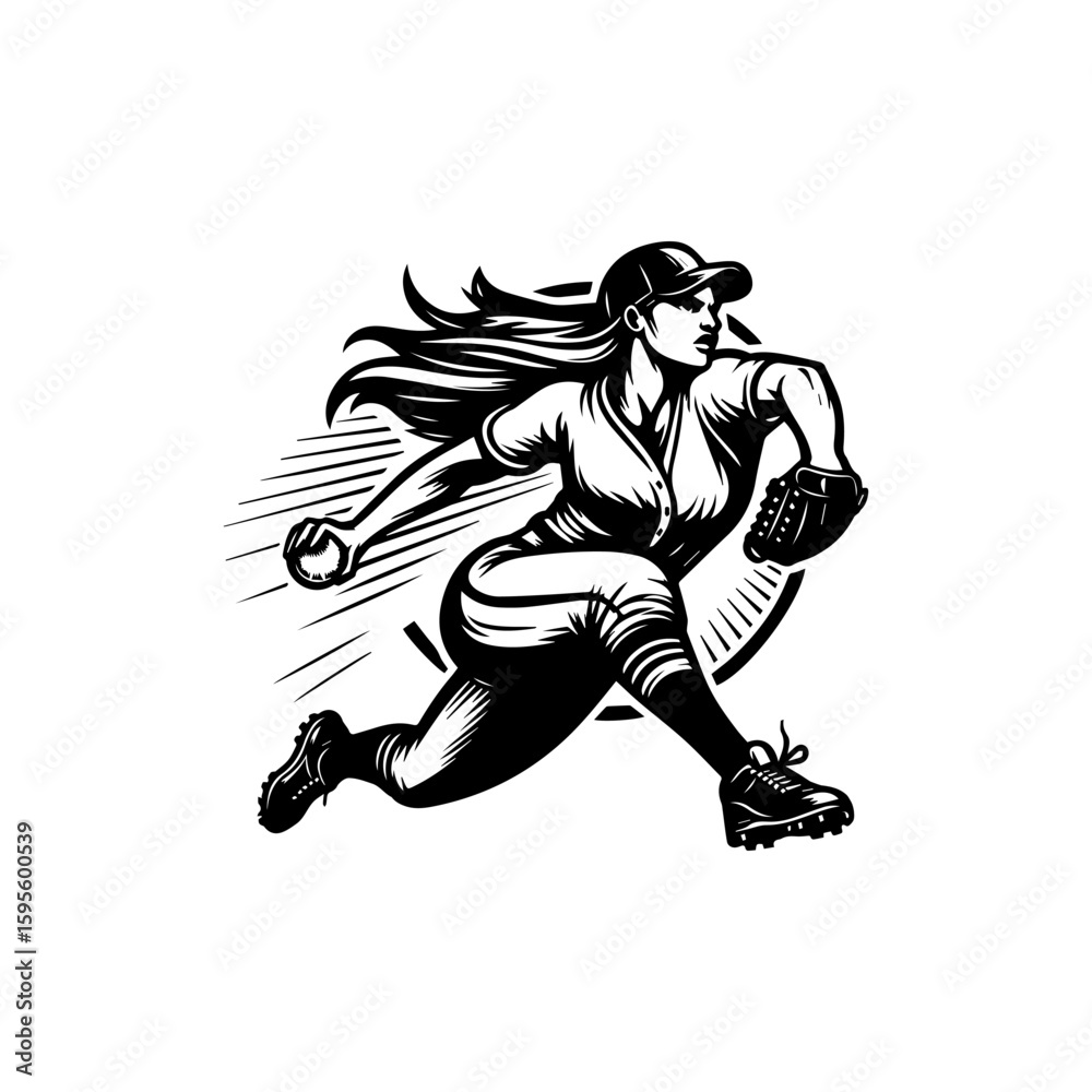 Fototapeta premium Dynamic Softball Pitcher with Flowing Hair and Intense Focus in Black and White.