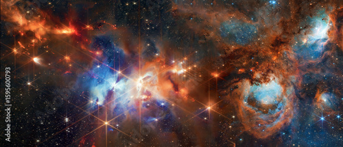 Fototapeta Naklejka Na Ścianę i Meble -  Intricate structures of gas and dust swirl within a bright region of a nebula, illuminated by newborn stars. Elements of this ultra wide illustration were furnished by NASA.