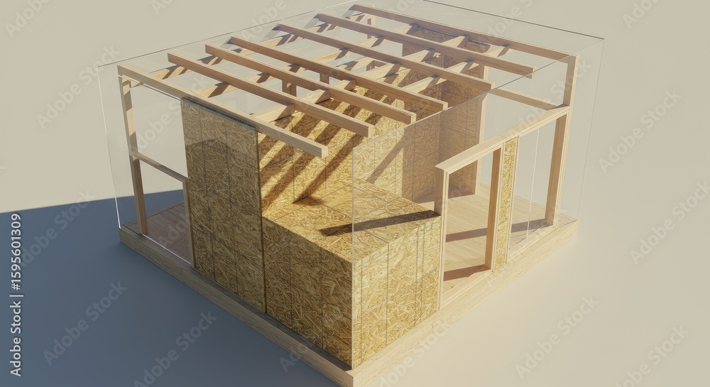 Naklejka premium A transparent 3D model of a small wooden structure, likely a house, showcasing its internal framework and straw-bale walls