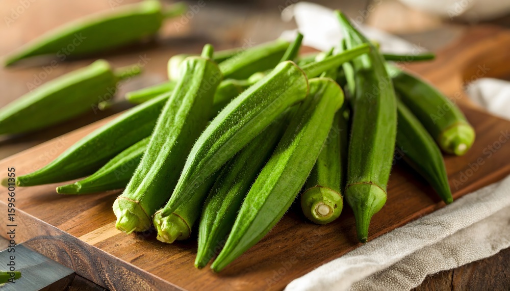 Fototapeta premium Close-up side view of fresh green okra pods piled on a wooden cutting board, perfect for cooking, healthy eating, and vegetable themes.