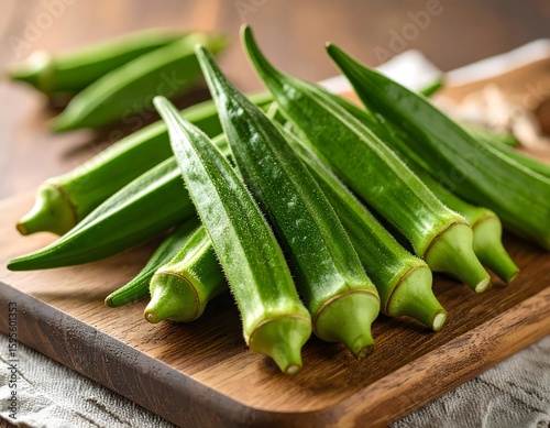 Close-up side view of fresh green okra pods with water droplets, neatly arranged on a wooden cutting board, perfect for cooking, healthy eating, and vegetable themes.