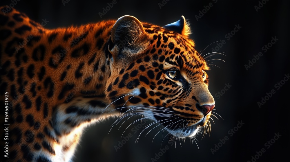 Obraz premium Leopard portrait with dramatic side lighting.
