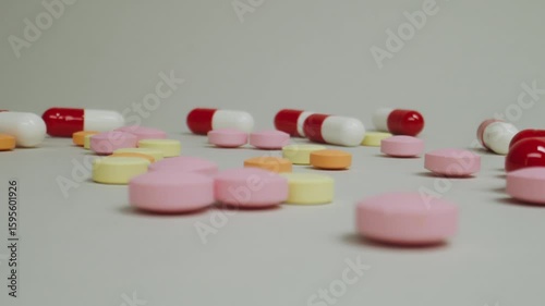 A white pharmacy bottle filled with red and white pills and capsules for medical treatment