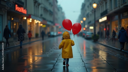 Little Explorer's Urban Dream: A charming young child, bundled in a vibrant yellow raincoat, strides joyfully down a historic city street, two red balloons aloft.