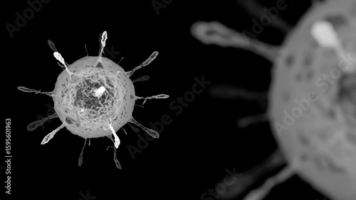 A black and white 3D rendered virus illustration splattered with a sun-like art pattern is a symbolic design
