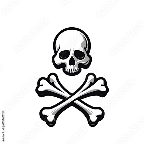 A classic pirate jolly roger flag, a symbol of danger and death, features a human skull and crossbones illustration on a black background
