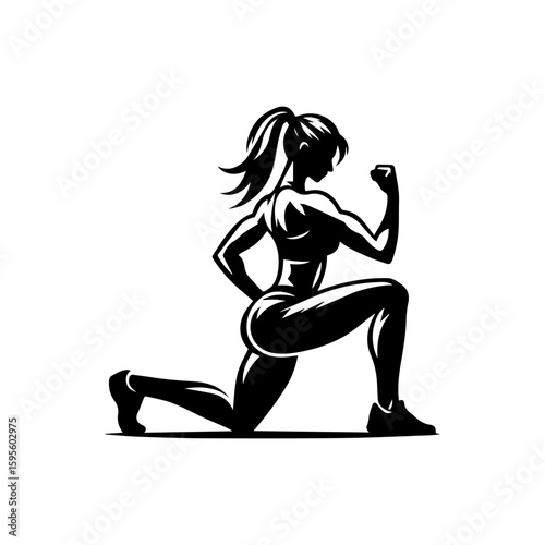 Silhouette of a muscular woman in a lunge position flexing her bicep.
