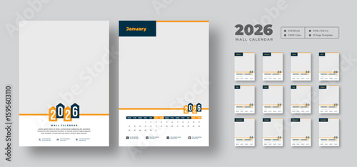 Editable 2026 wall calendar template | 12-month printable planner layout | Minimal vector design for home, office, or studio