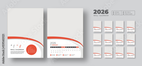 Editable 2026 wall calendar template | 12-month printable planner layout | Minimal vector design for home, office, or studio