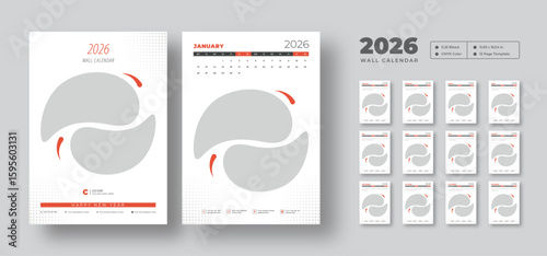 2026 wall calendar | Clean 12-month editable layout | Printable vector planner starting on Monday
