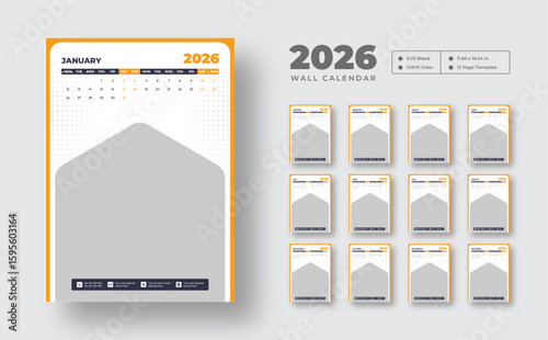 2026 wall calendar | Clean 12-month editable layout | Printable vector planner starting on Monday
