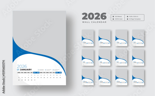 2026 wall calendar | Clean 12-month editable layout | Printable vector planner starting on Monday