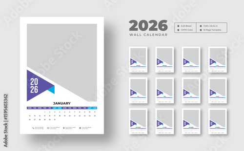 2026 wall calendar template design | Simple 12-month planner template in vector format | Week starts on Monday | Printable design for office, corporate, or business use