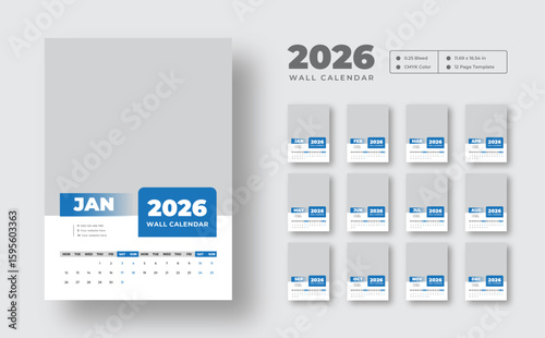 2026 wall calendar template | Editable 12-page monthly planner in vector format | Week starts on Monday | Clean printable design for office, home, or personal use