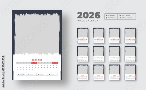 2026 monthly wall calendar template | Week starts on Monday | Editable 12-page vector planner | Clean and printable layout for scheduling