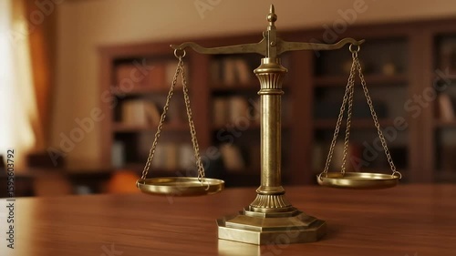 Bronze scales justice, law system representation. Symbol of legal balance, fairness, equality. Blurred background. Weight decision, judgement, equilibrium. Courtroom setting, authority, judiciary.